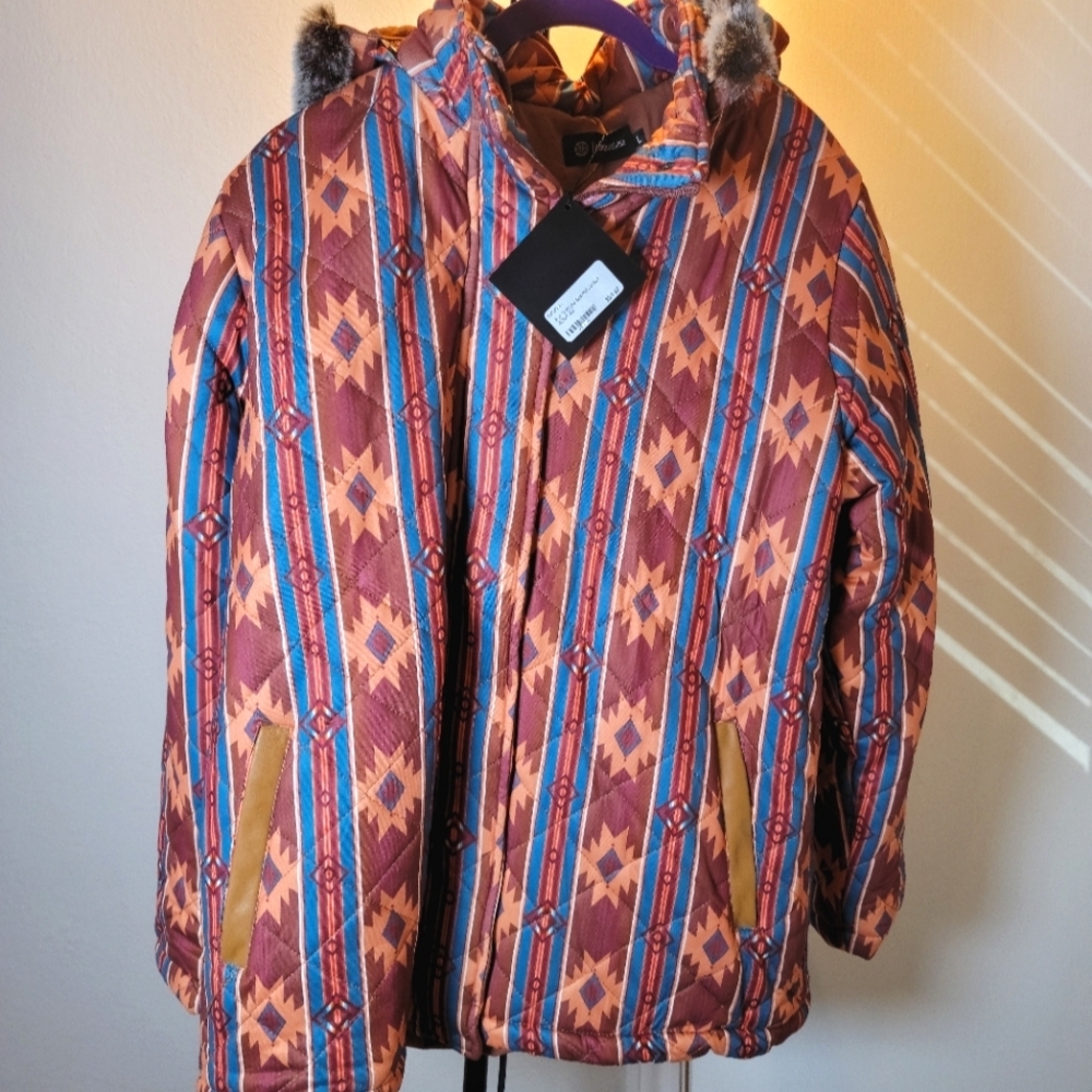 Patterned Jacket with Fur Trim